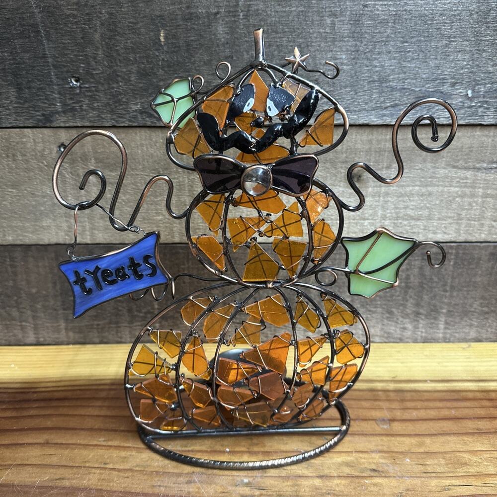 Stained Glass Stacked Pumpkin Jack O Lantern Holding Treat Sign Candle Holder